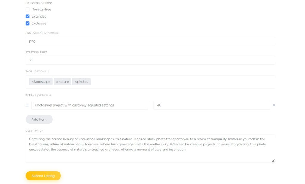 Adding a new listing to a stock media website.