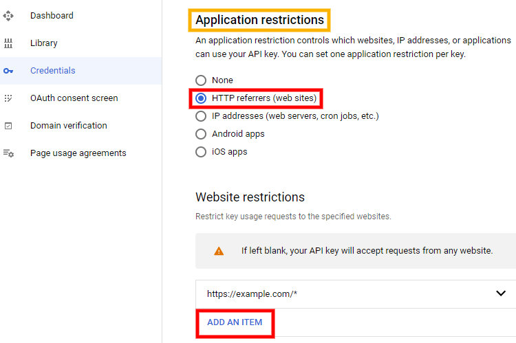 Example of how to add application's restrictions.