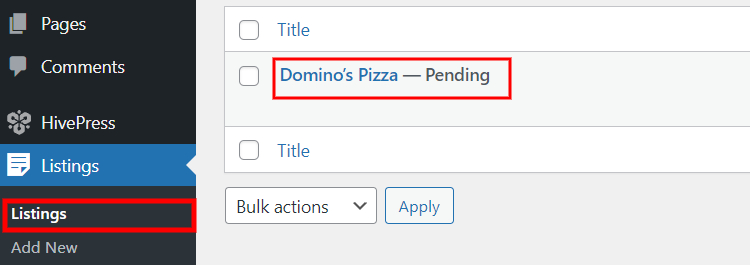 Approving new listing in WordPress.
