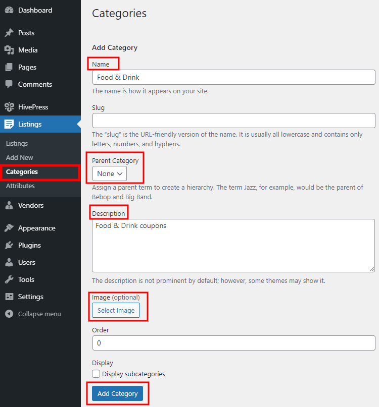 Adding listing categories in WordPress.
