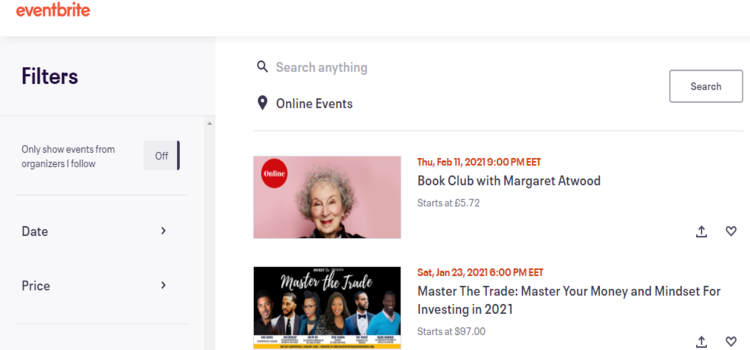 Eventbrite homepage.