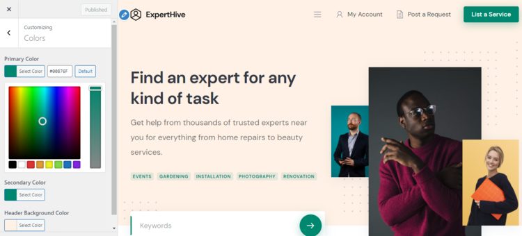 Customization of the service marketplace WordPress theme.