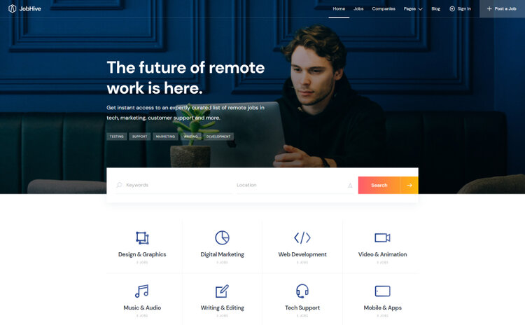 JobHive, a lightweight and clean job board WordPress theme.