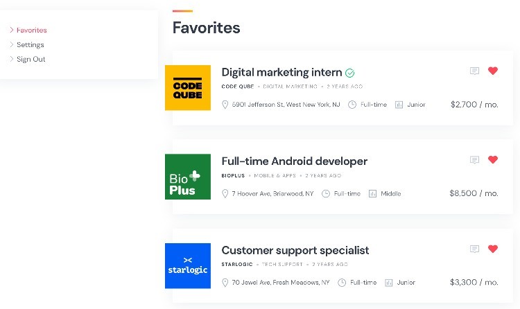 A list of favorite listings.