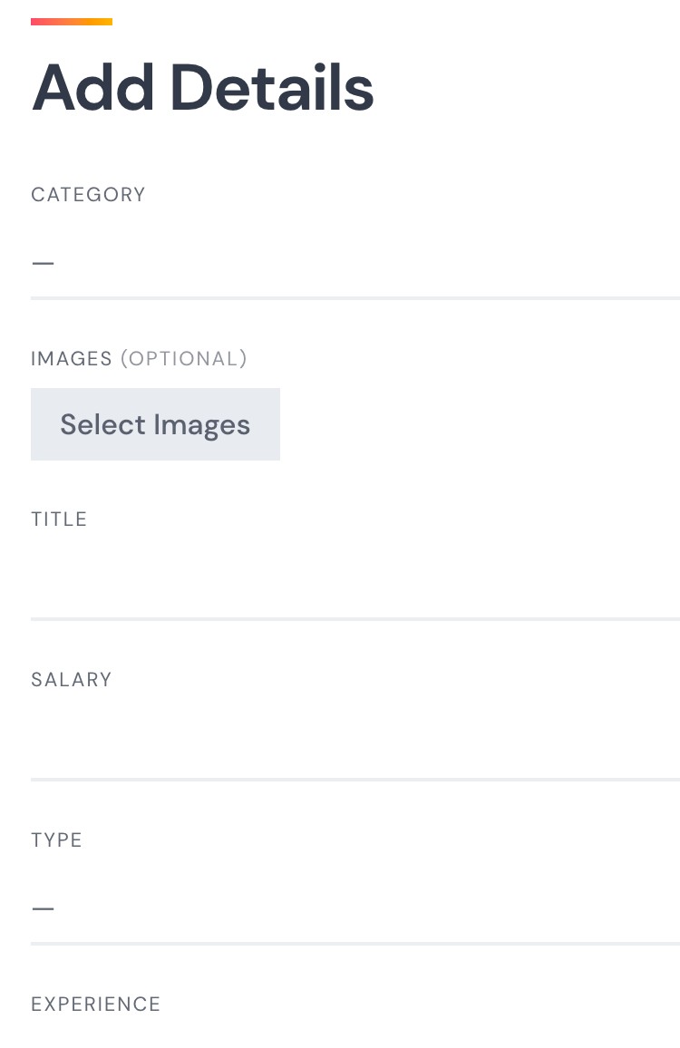 Front-end job listing submission form.