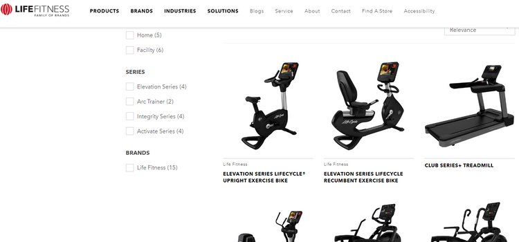 Life Fitness product catalog page.