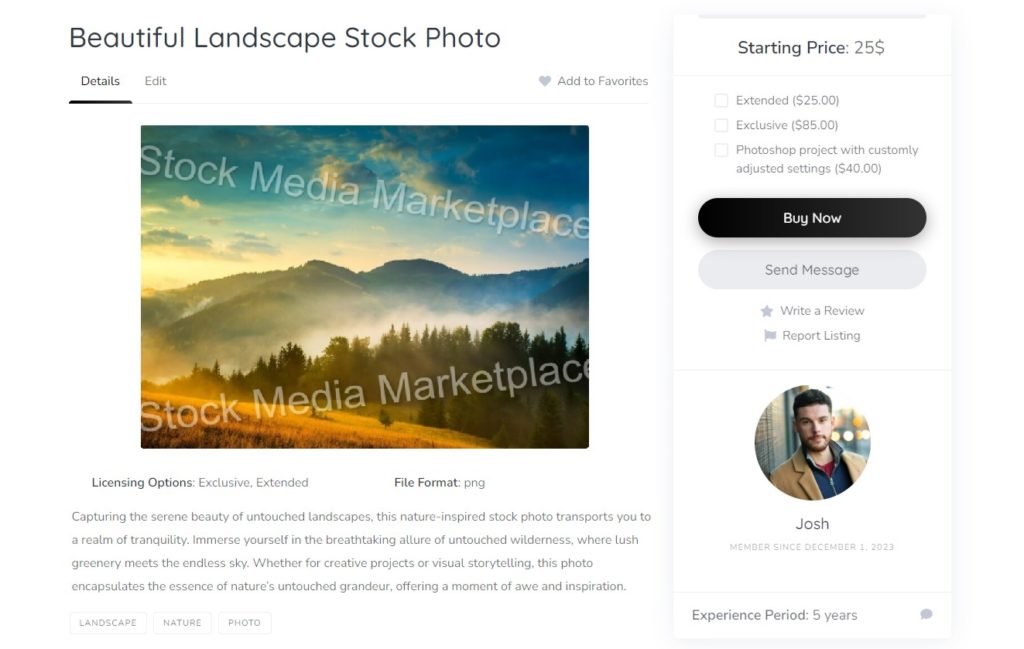 A listing of a stock media website.