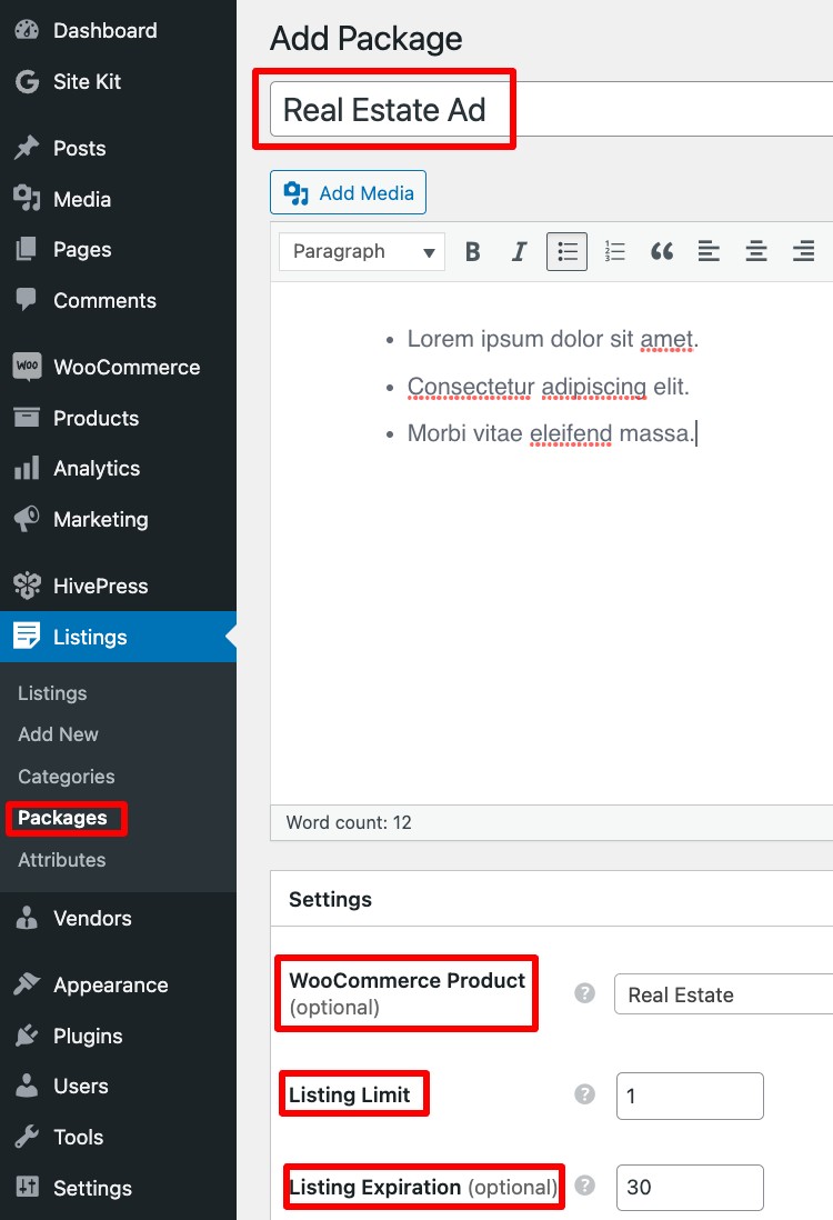 Adding a new listing package.