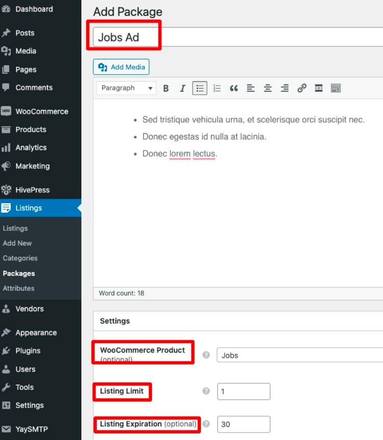 Adding a listing package.