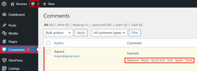 Approving a new listing review on a WordPress website.