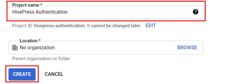 Creating a new Google API project.