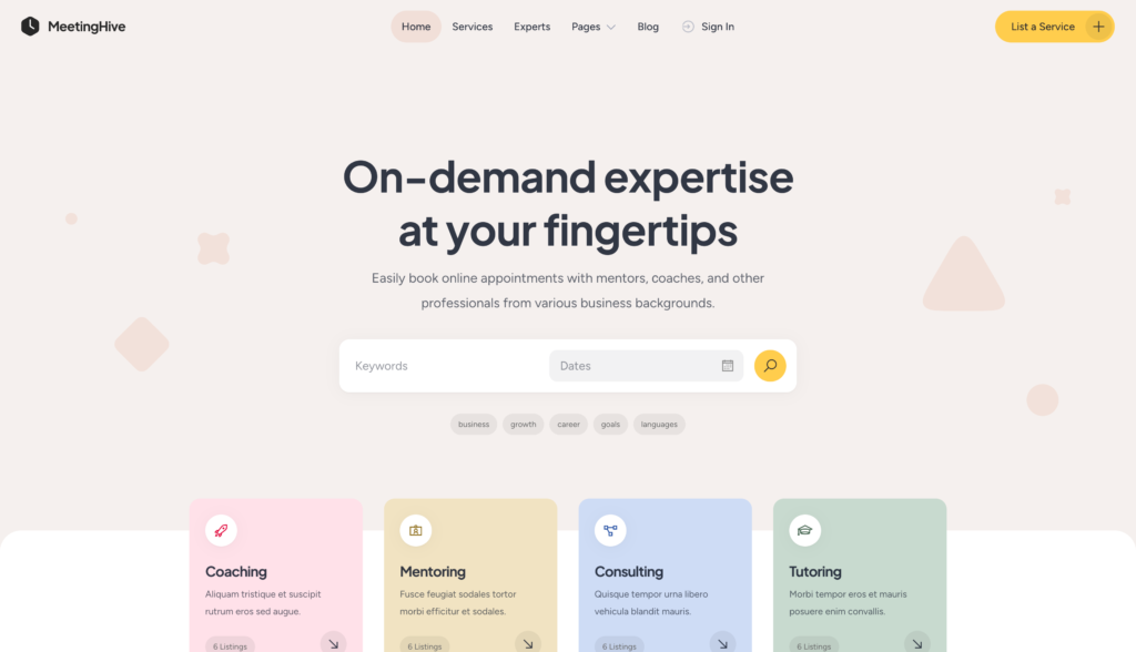 MeetingHive appointment WordPress theme.