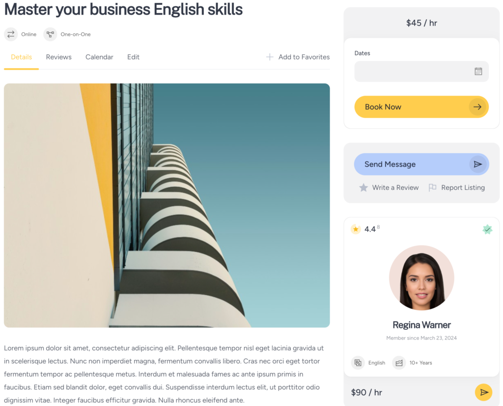 A listing on a WordPress booking appointment website.