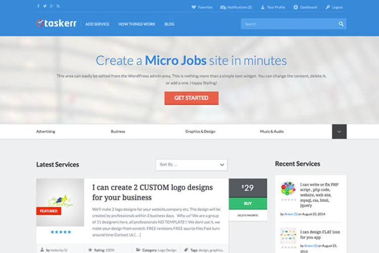 Taskerr, a Fiverr clone WordPress theme.