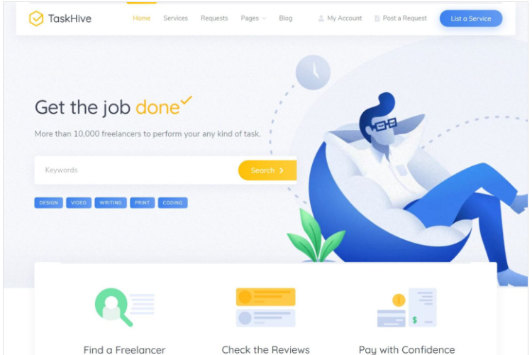 TaskHive, a modern freelance marketplace WordPress theme.