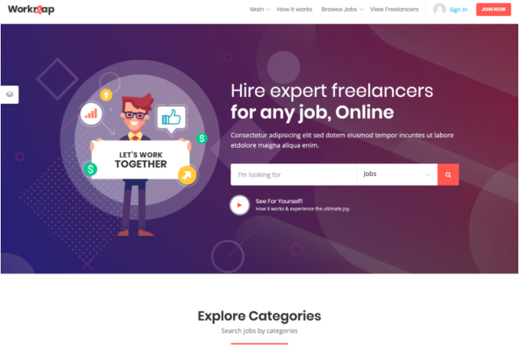 Workreap, an Upwork-like WordPress theme.